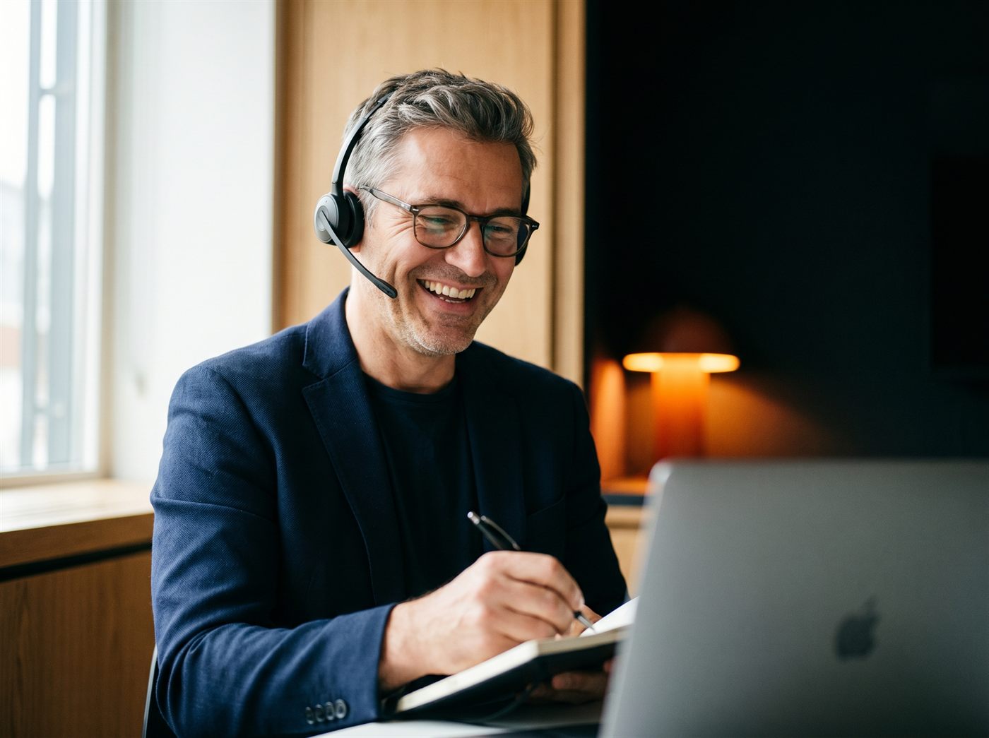 A setter smiling on a headset call